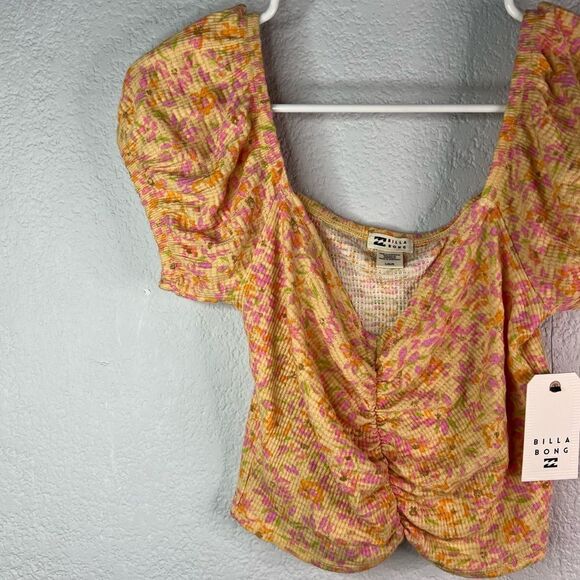 New! Billa Bong Peasant Croped Rushed Floral Print Orange Women’s Top Sz L - Picture 5 of 11